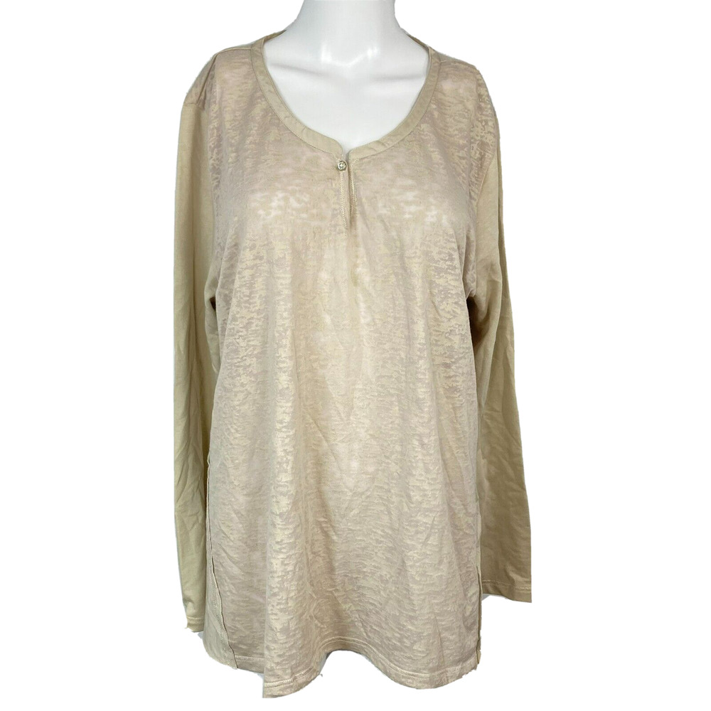 Soft‎ Surroundings Shirt Womens Sz L Beige Cotton Silk Burnout Long Sleeve